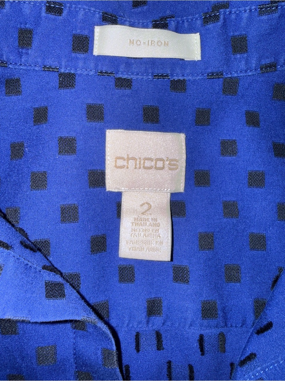 Chico’s Sz 2 Blue Black Geometric Square Print Button Down Shirt Blouse L/12 - Picture 4 of 6